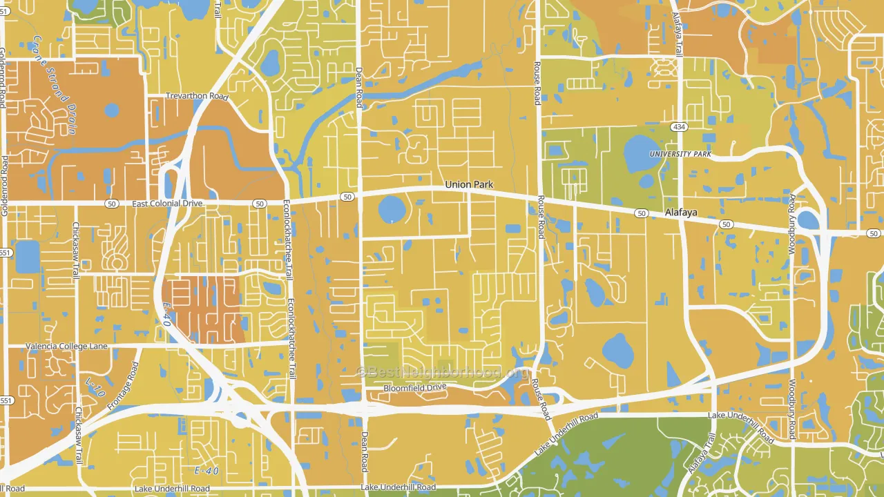 Map of the best neighborhoods in the Union Park area, with better matches in green and worse matches in red