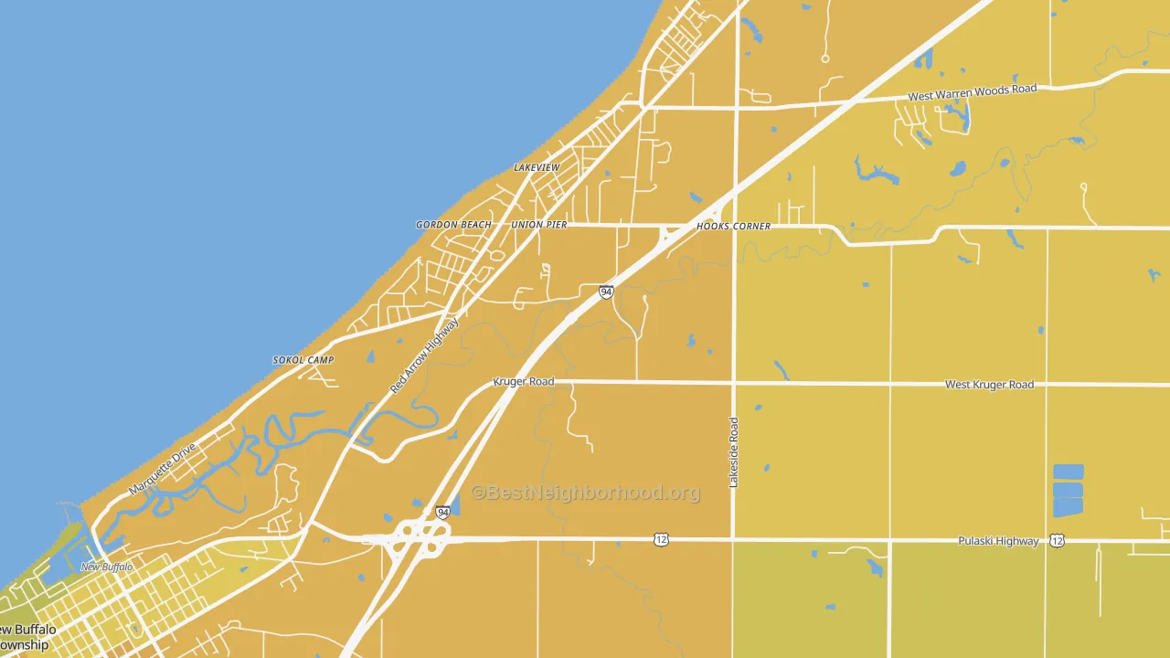Map of the best neighborhoods in the Union Pier area, with better matches in green and worse matches in red
