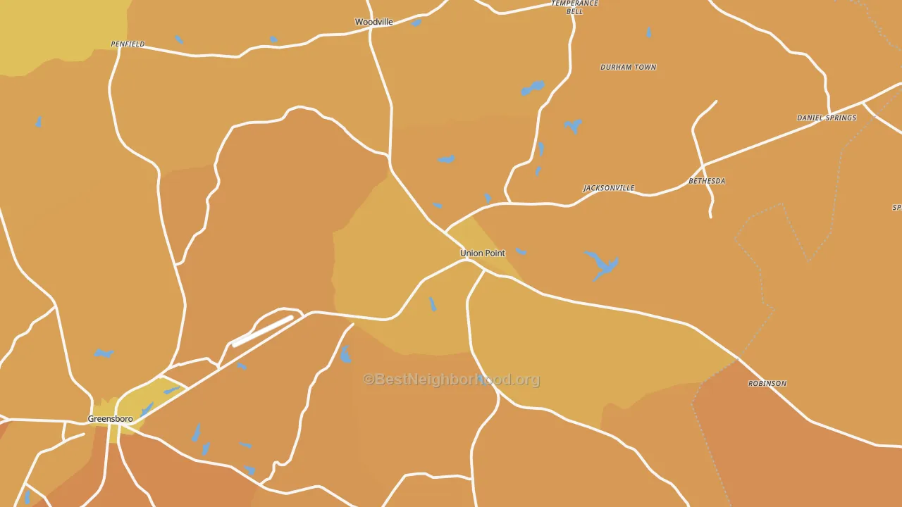 Map of the best neighborhoods in the Union Point area, with better matches in green and worse matches in red