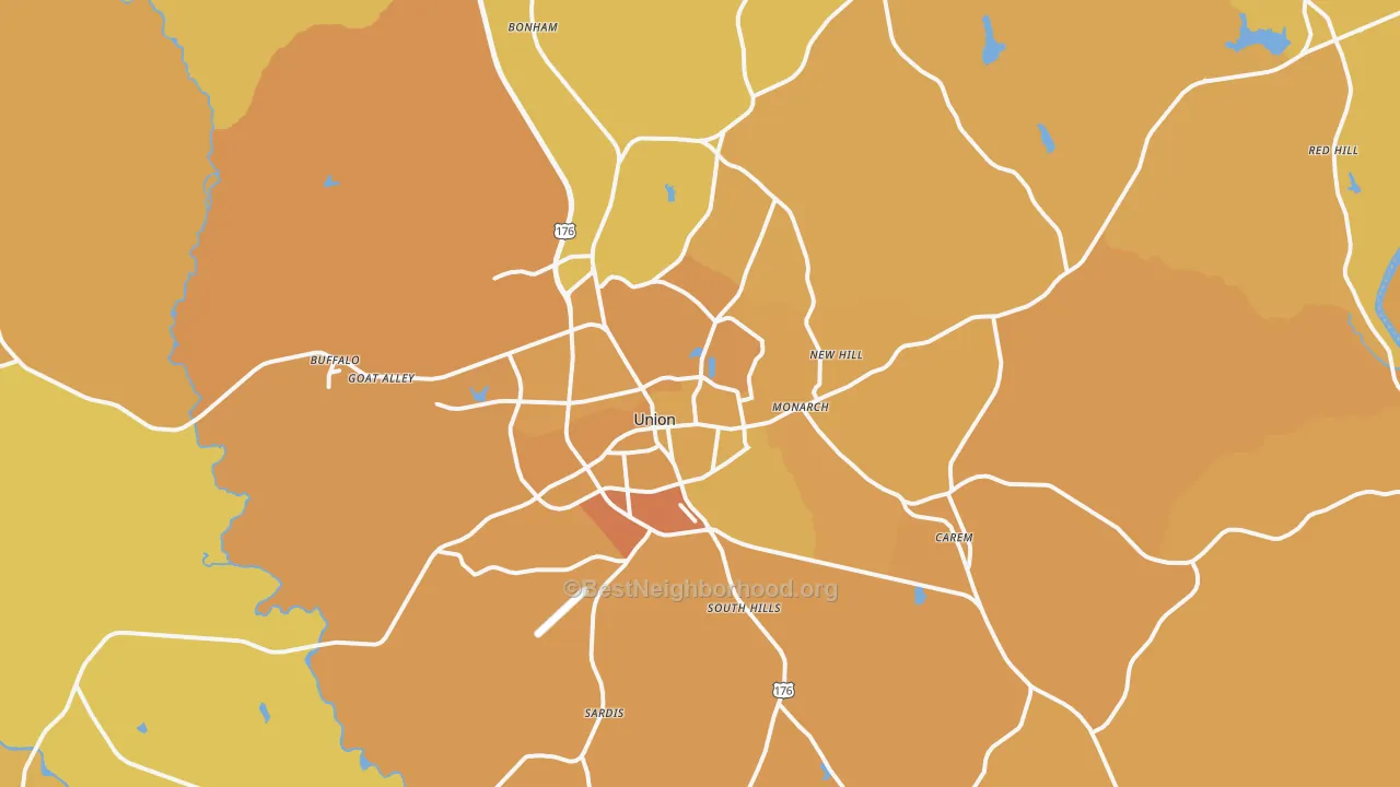 Map of the best neighborhoods in the Union area, with better matches in green and worse matches in red