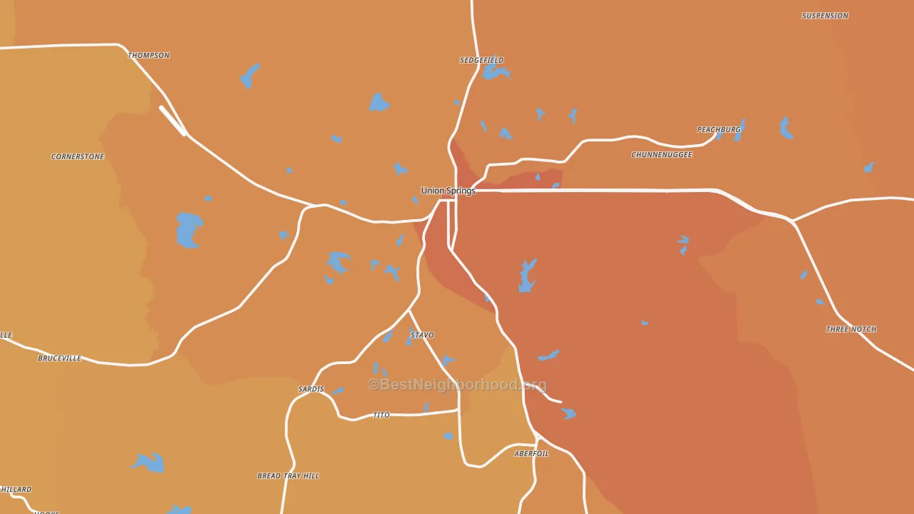 Map of the best neighborhoods in the Union Springs area, with better matches in green and worse matches in red
