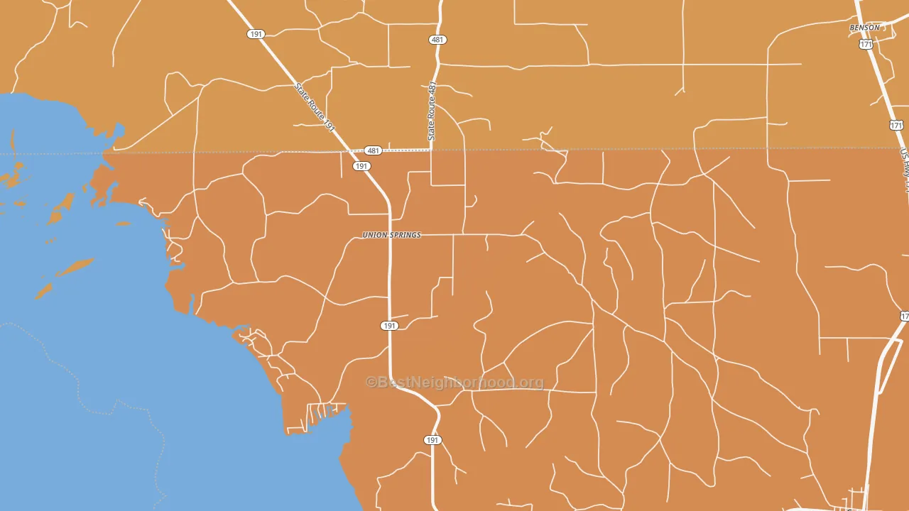 Map of the best neighborhoods in the Union Springs area, with better matches in green and worse matches in red