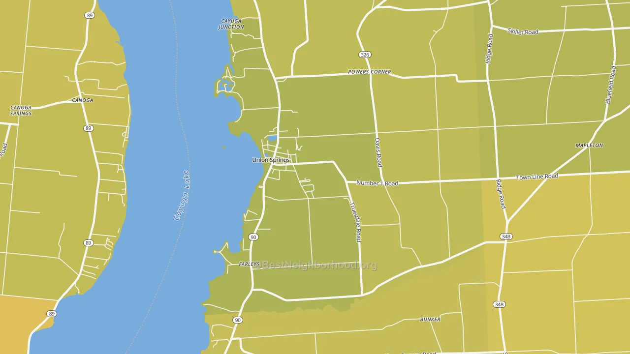 Map of the best neighborhoods in the Union Springs area, with better matches in green and worse matches in red