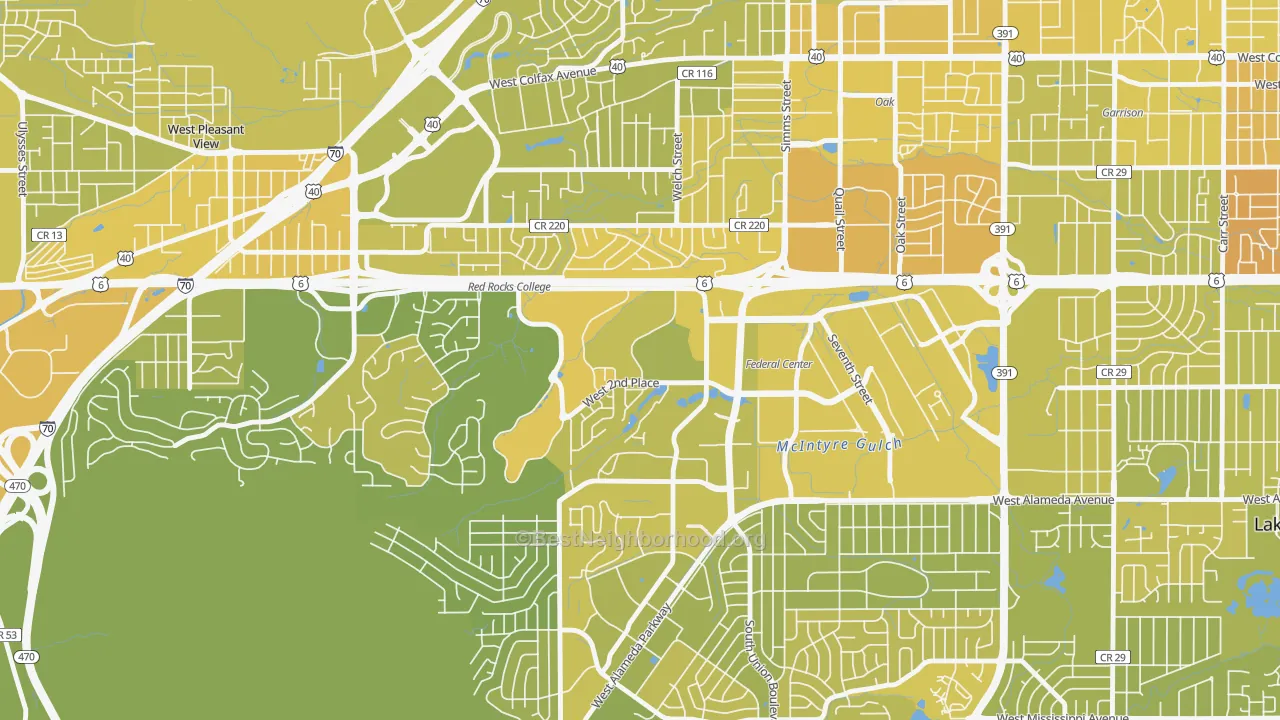 Map of the best neighborhoods in the Union Square, Lakewood area, with better matches in green and worse matches in red