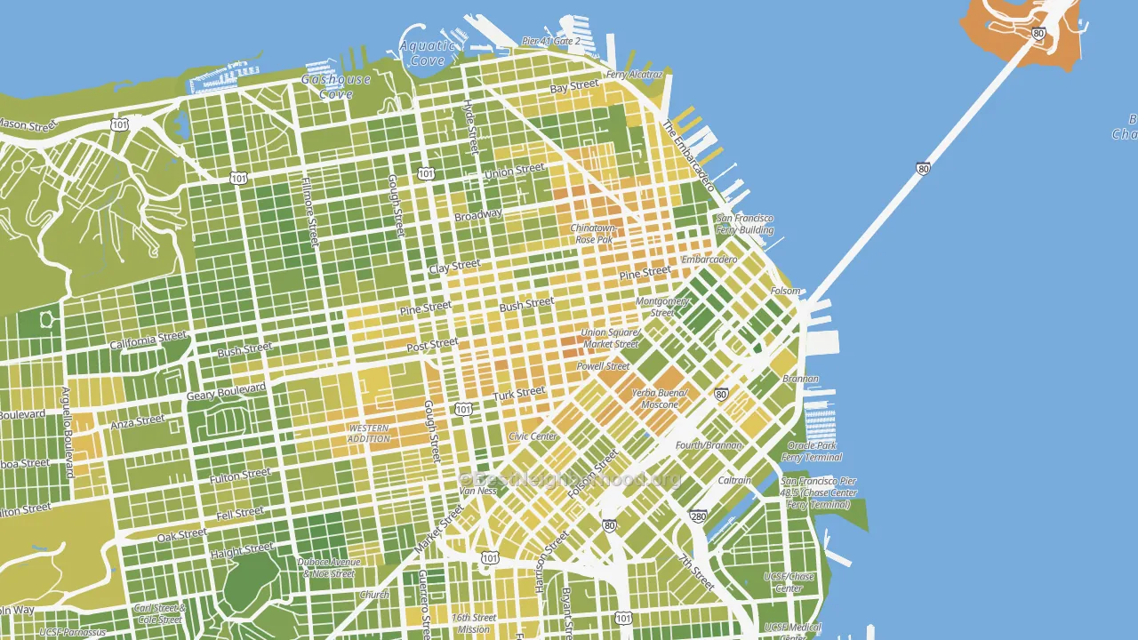 Map of the best neighborhoods in the Union Square, San Francisco area, with better matches in green and worse matches in red