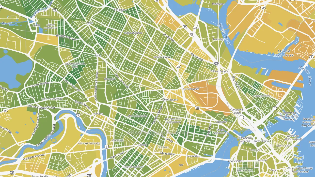 Map of the best neighborhoods in the Union Square, Somerville area, with better matches in green and worse matches in red