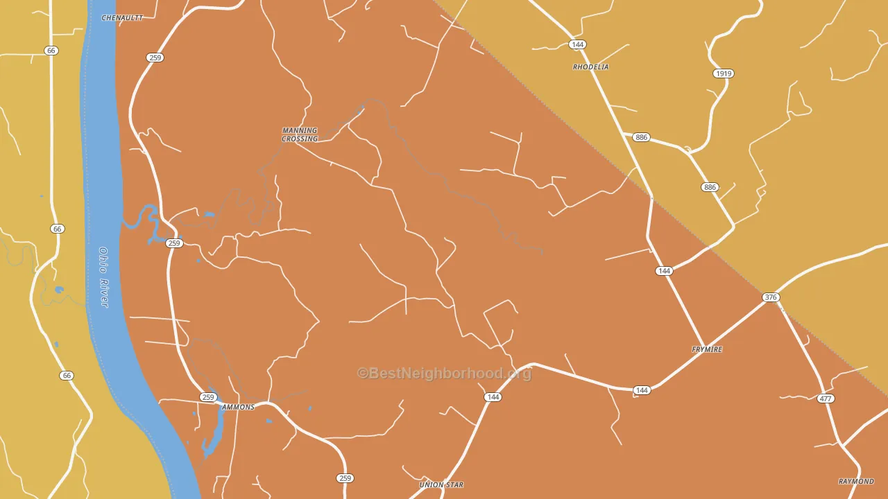 Map of the best neighborhoods in the Union Star area, with better matches in green and worse matches in red