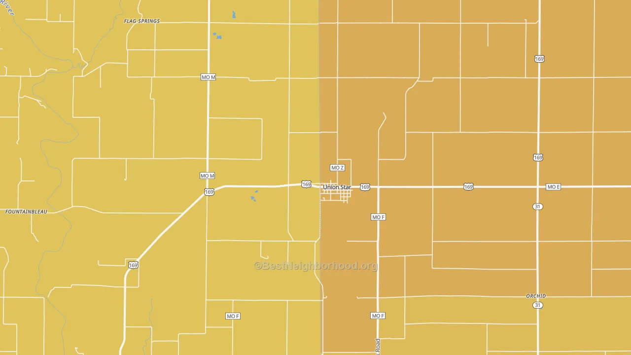 Map of the best neighborhoods in the Union Star area, with better matches in green and worse matches in red