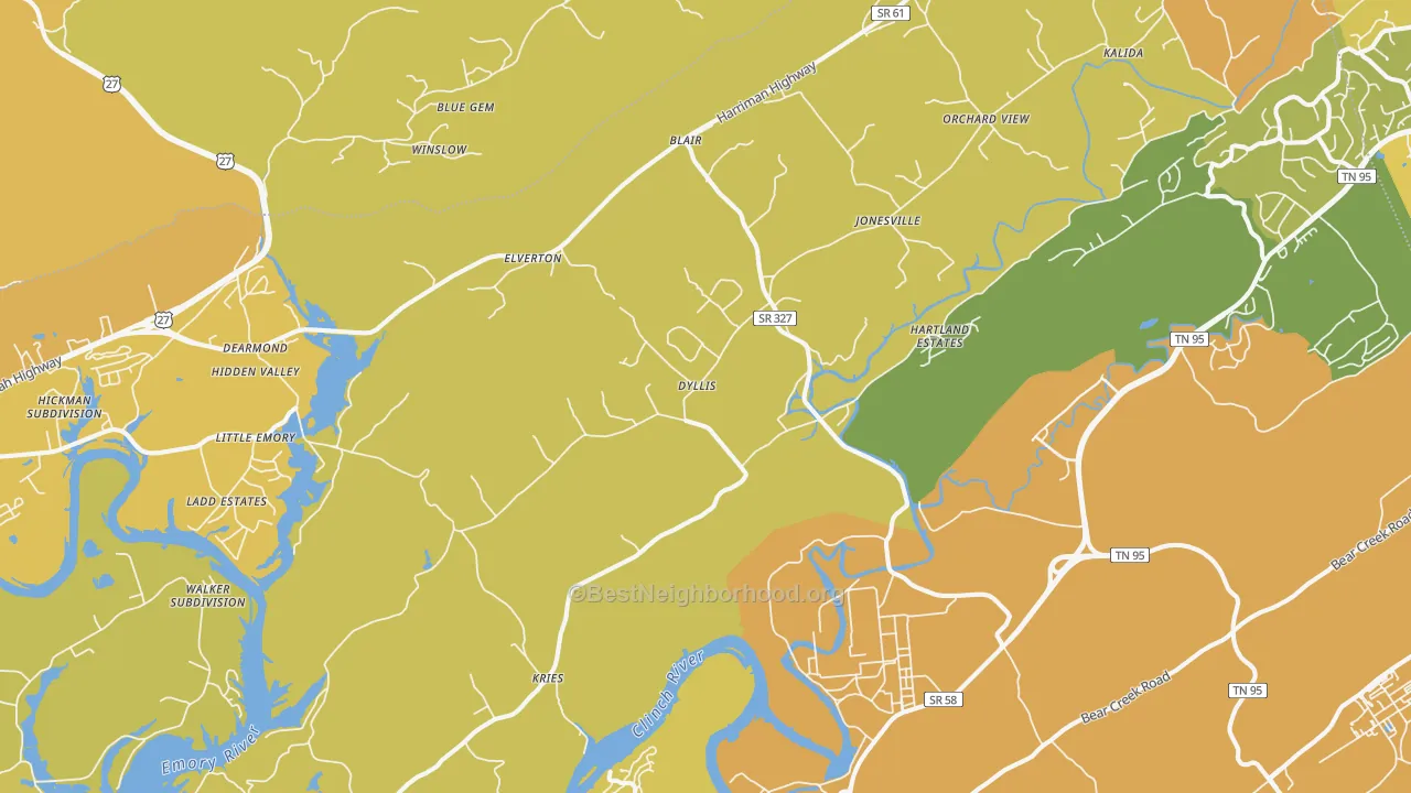 Map of the best neighborhoods in the Union area, with better matches in green and worse matches in red