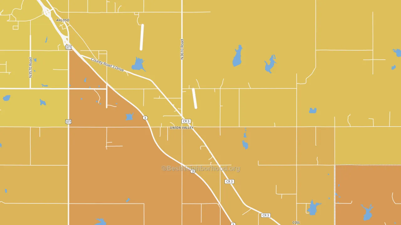 Map of the best neighborhoods in the Union Valley area, with better matches in green and worse matches in red