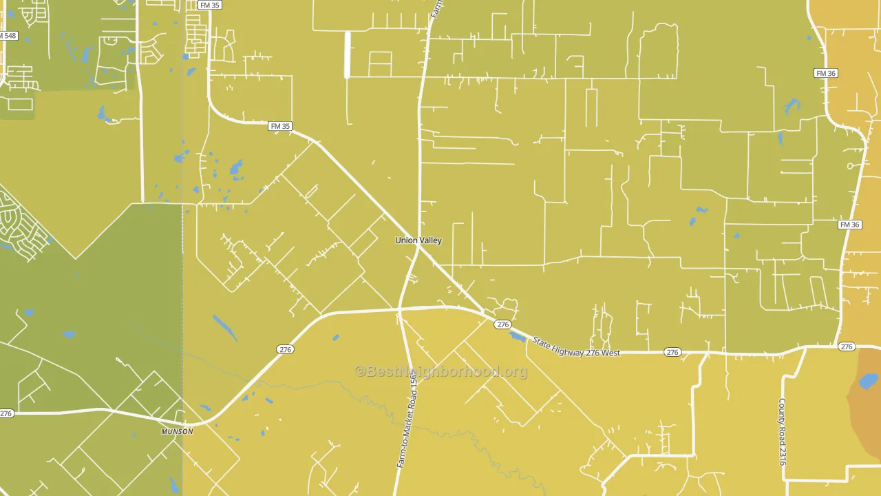 Map of the best neighborhoods in the Union Valley area, with better matches in green and worse matches in red