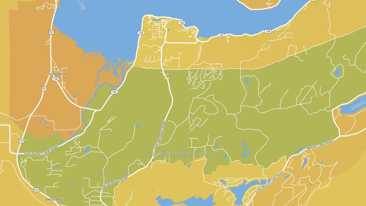 Map of the best neighborhoods in the Union area, with better matches in green and worse matches in red