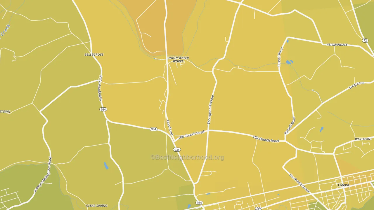 Map of the best neighborhoods in the Union Water Works area, with better matches in green and worse matches in red