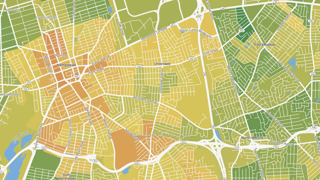 Map of the best neighborhoods in the Uniondale area, with better matches in green and worse matches in red