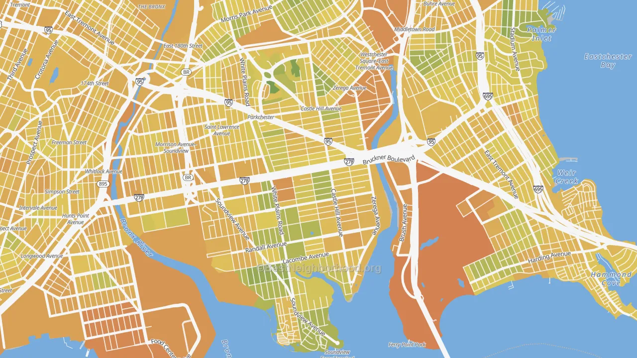 Map of the best neighborhoods in the Unionport, Bronx area, with better matches in green and worse matches in red