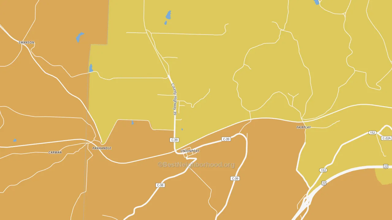 Map of the best neighborhoods in the Unionport area, with better matches in green and worse matches in red