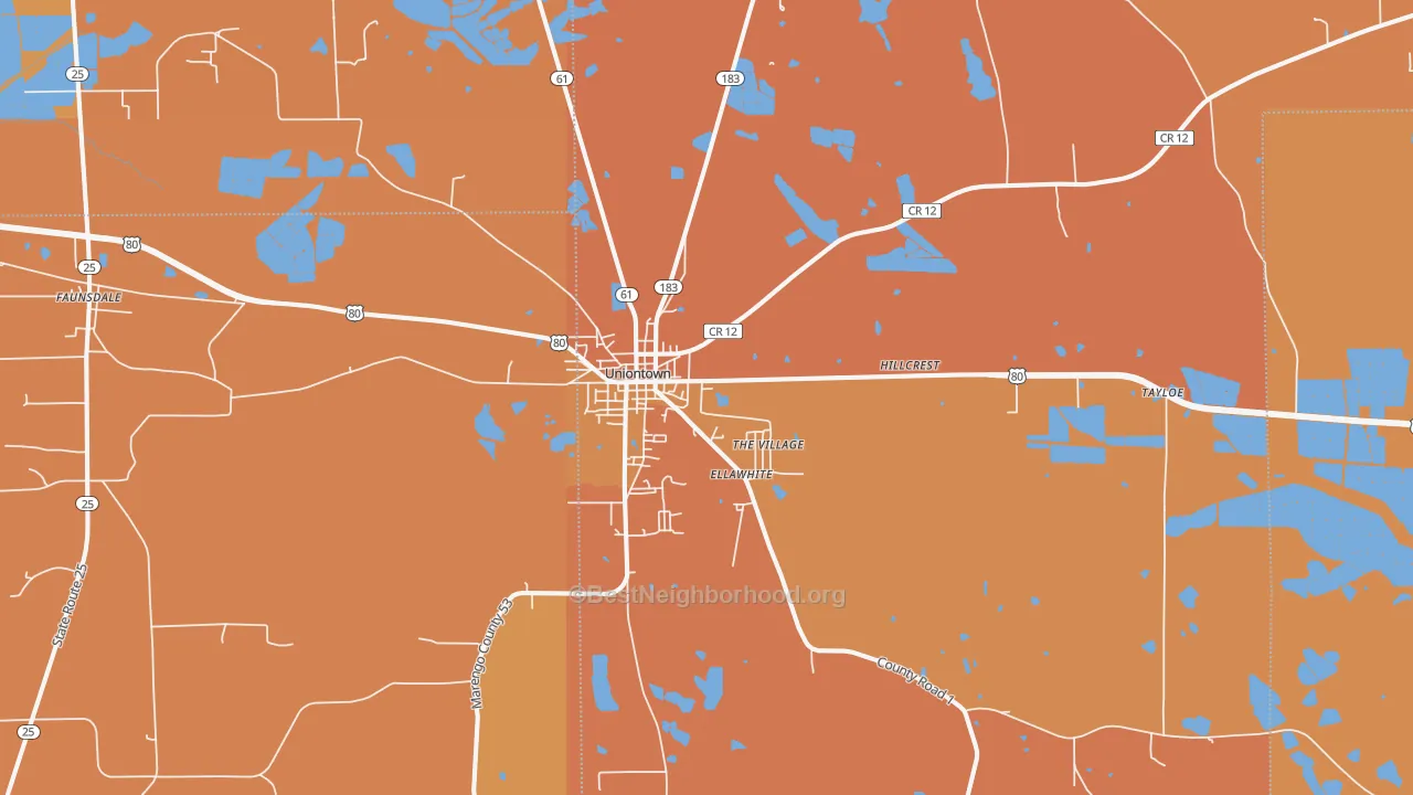 Map of the best neighborhoods in the Uniontown area, with better matches in green and worse matches in red