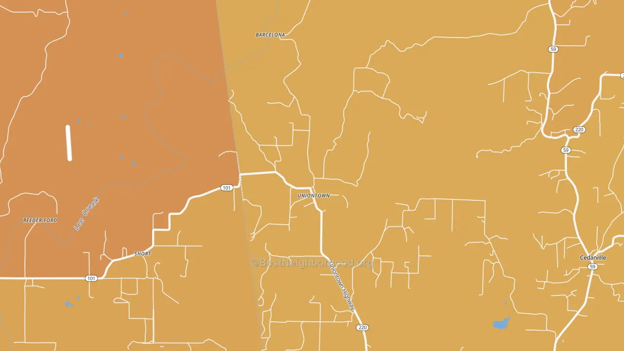 Map of the best neighborhoods in the Uniontown area, with better matches in green and worse matches in red