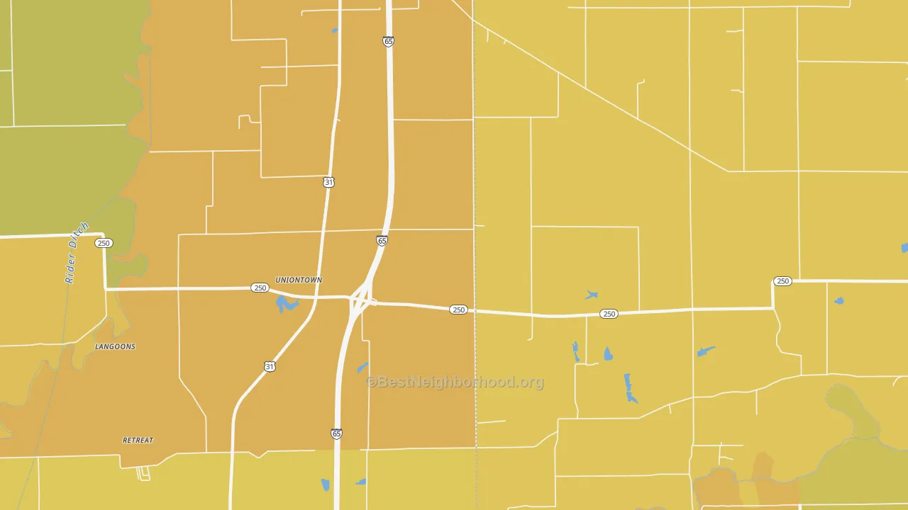 Map of the best neighborhoods in the Uniontown area, with better matches in green and worse matches in red