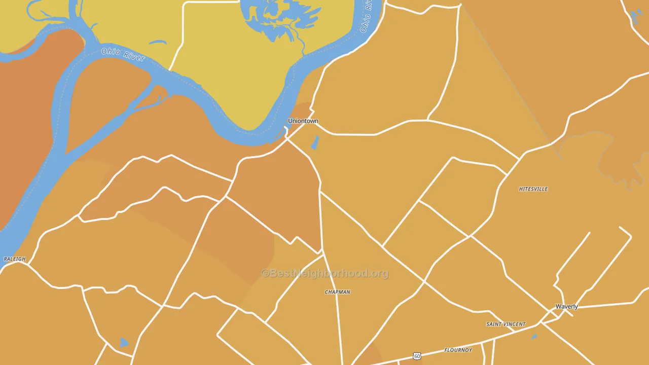 Map of the best neighborhoods in the Uniontown area, with better matches in green and worse matches in red