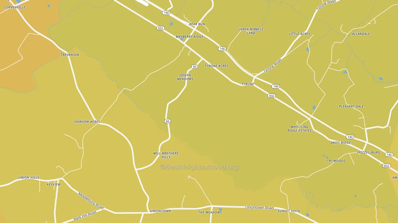 Map of the best neighborhoods in the Uniontown area, with better matches in green and worse matches in red