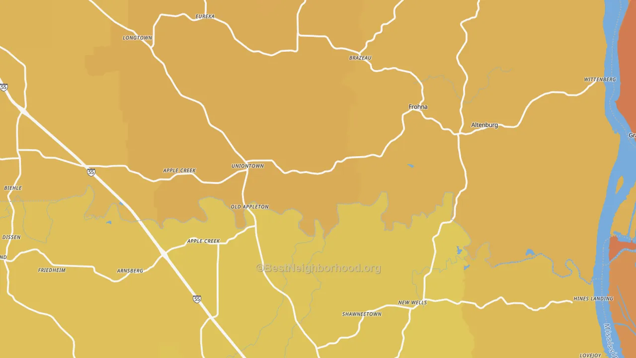 Map of the best neighborhoods in the Uniontown area, with better matches in green and worse matches in red