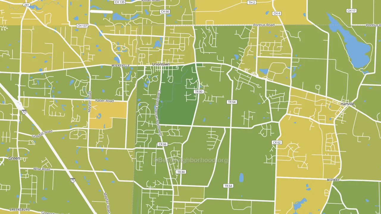 Map of the best neighborhoods in the Uniontown area, with better matches in green and worse matches in red