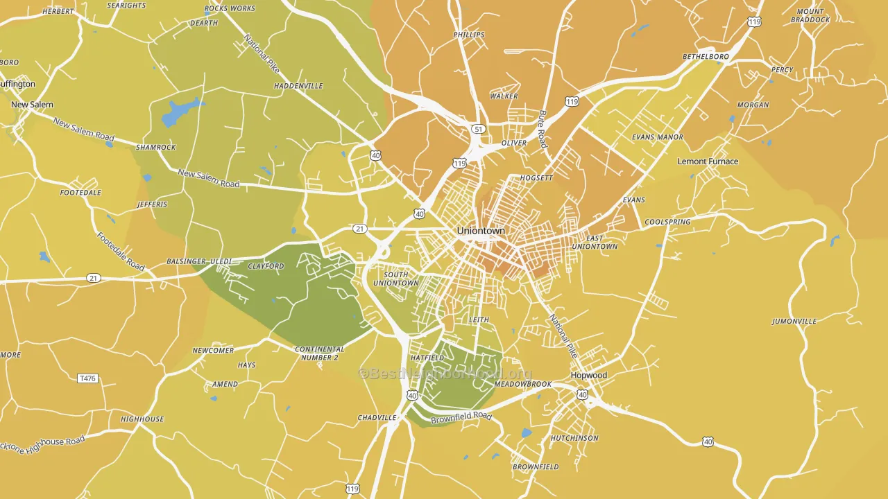 Map of the best neighborhoods in the Uniontown area, with better matches in green and worse matches in red