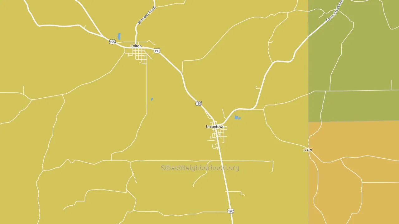 Map of the best neighborhoods in the Uniontown area, with better matches in green and worse matches in red
