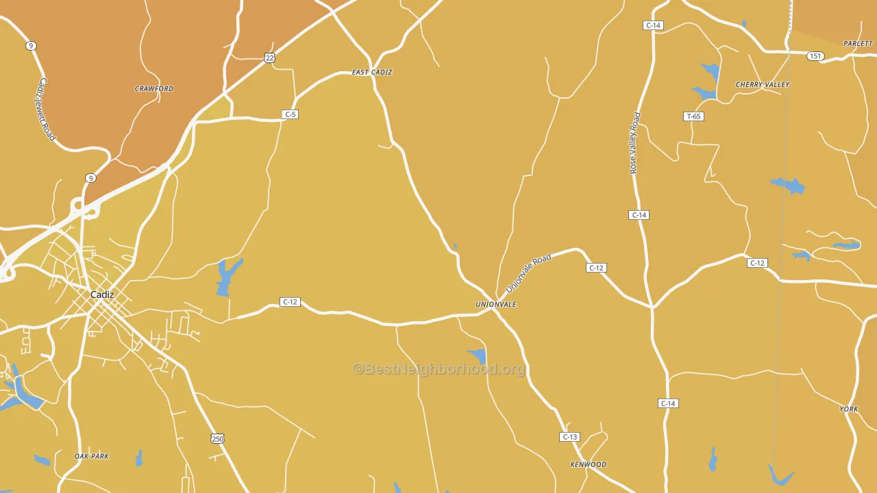 Map of the best neighborhoods in the Unionvale area, with better matches in green and worse matches in red