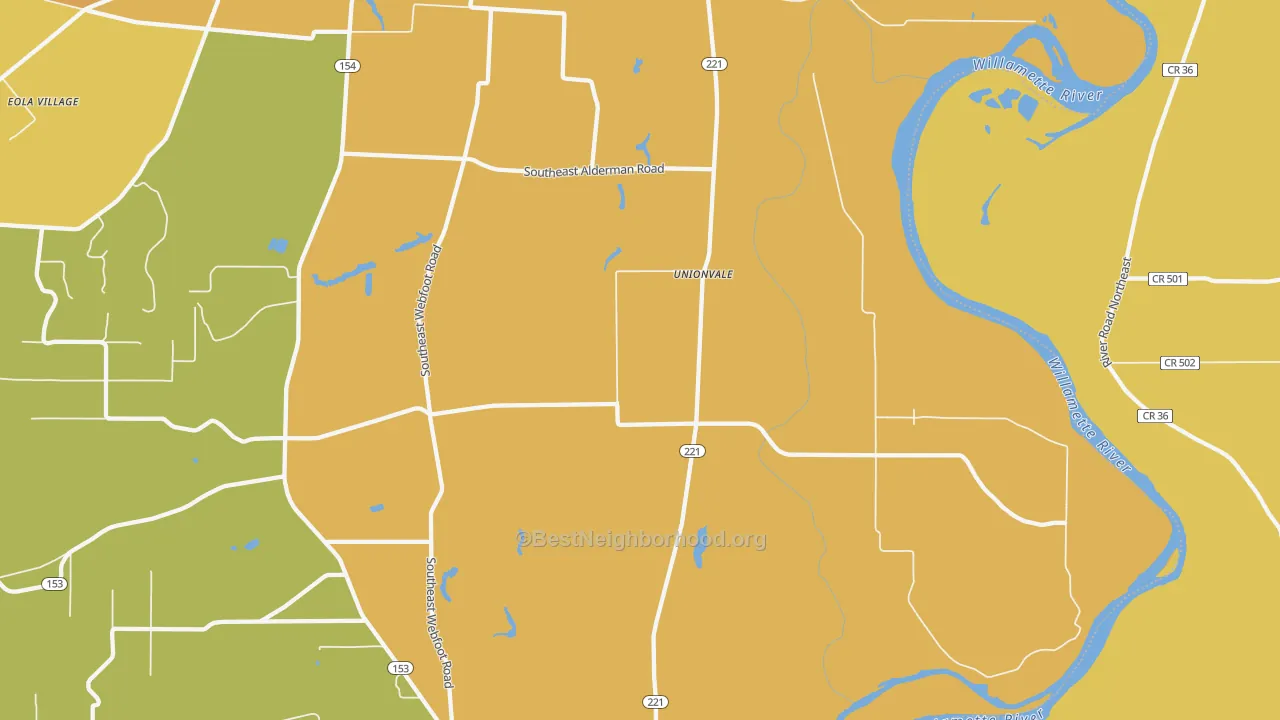 Map of the best neighborhoods in the Unionvale area, with better matches in green and worse matches in red