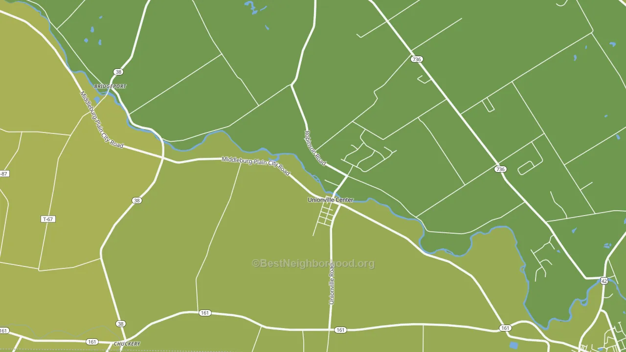 Map of the best neighborhoods in the Unionville Center area, with better matches in green and worse matches in red
