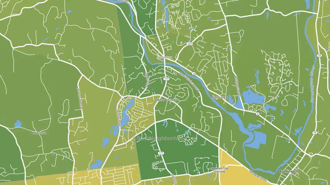 Map of the best neighborhoods in the Unionville area, with better matches in green and worse matches in red