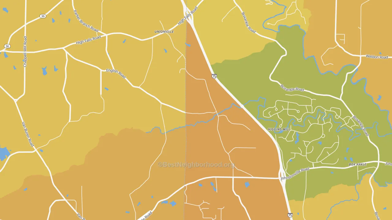 Map of the best neighborhoods in the Unionville area, with better matches in green and worse matches in red
