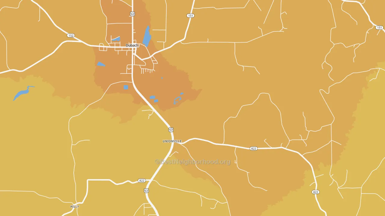 Map of the best neighborhoods in the Unionville area, with better matches in green and worse matches in red