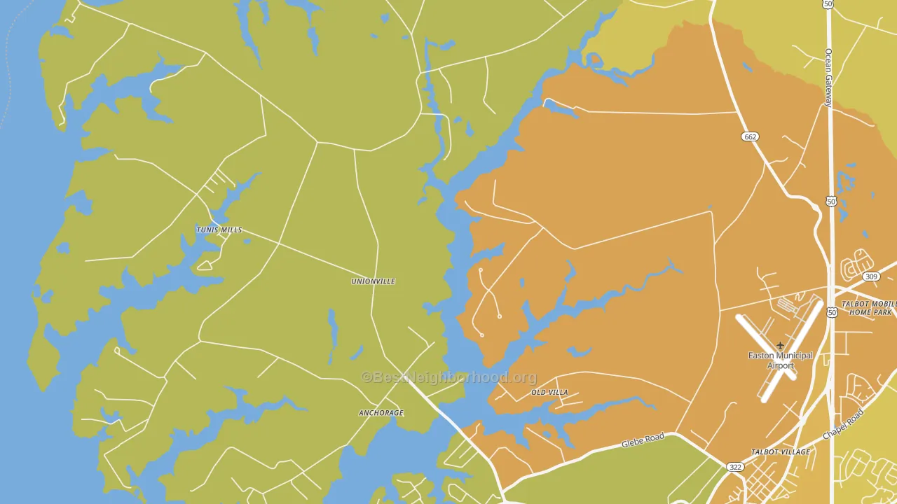 Map of the best neighborhoods in the Unionville area, with better matches in green and worse matches in red