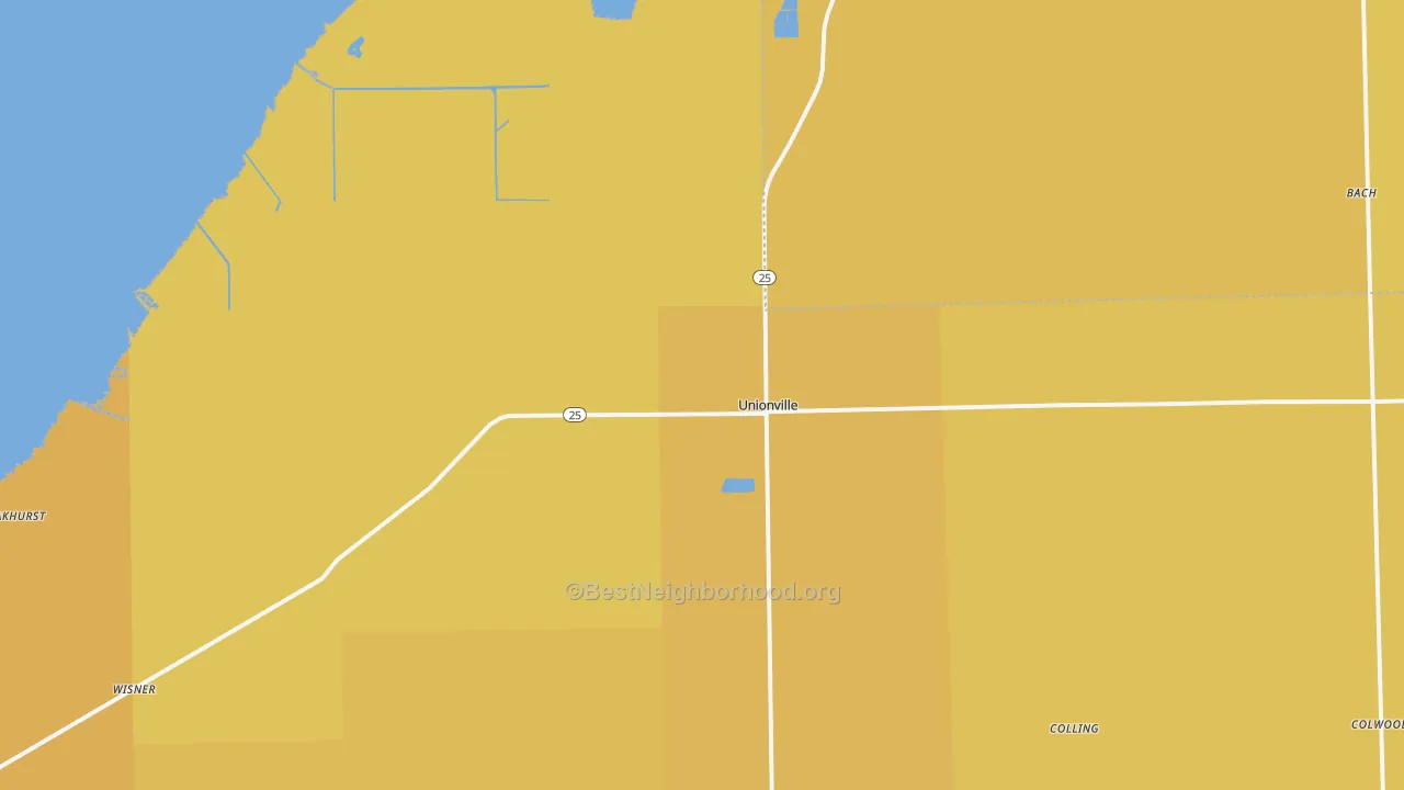 Map of the best neighborhoods in the Unionville area, with better matches in green and worse matches in red