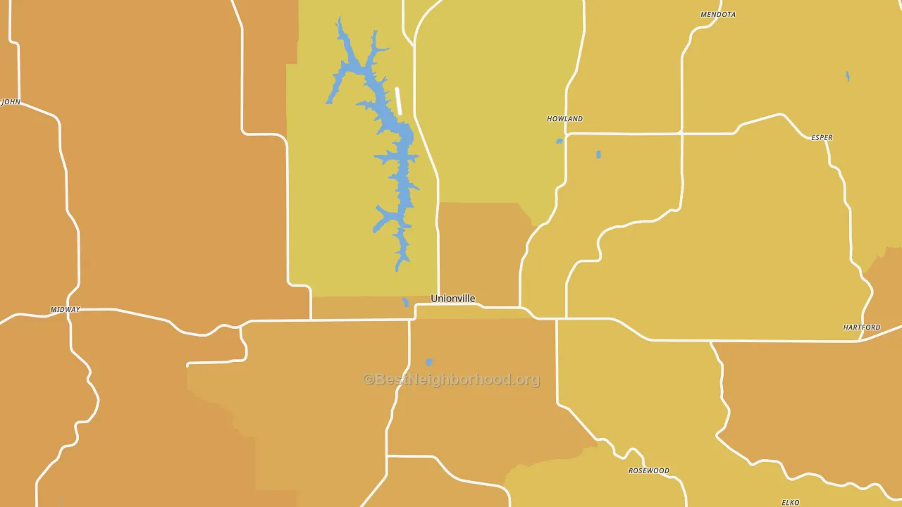 Map of the best neighborhoods in the Unionville area, with better matches in green and worse matches in red