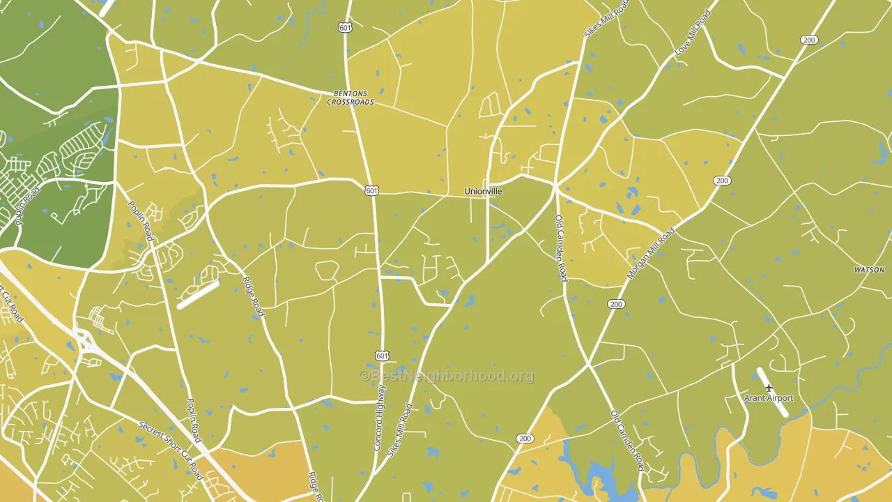 Map of the best neighborhoods in the Unionville area, with better matches in green and worse matches in red