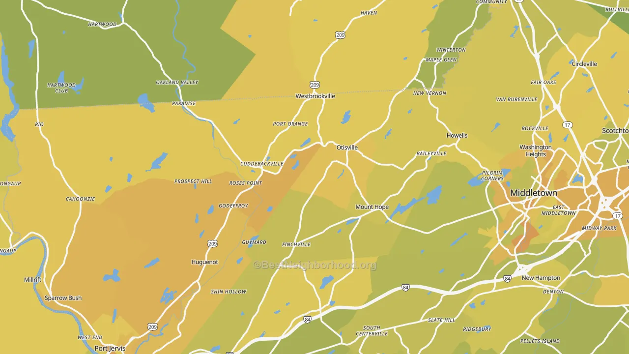 Map of the best neighborhoods in the Unionville area, with better matches in green and worse matches in red