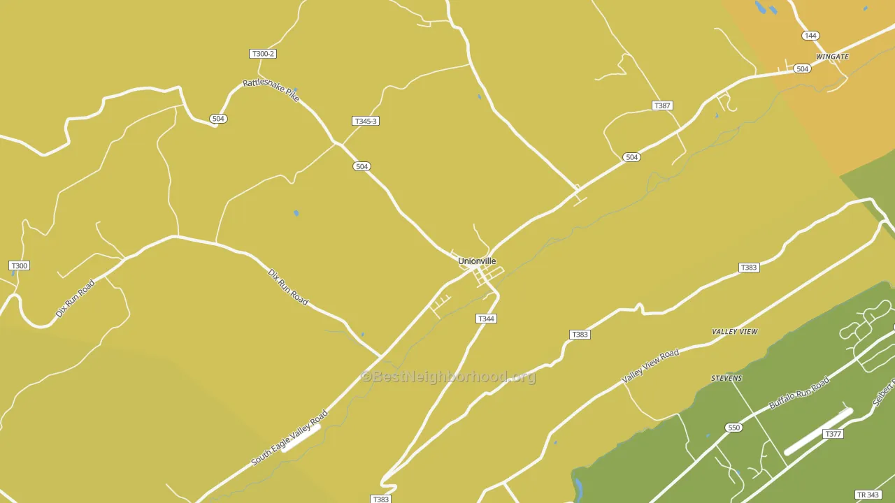 Map of the best neighborhoods in the Unionville area, with better matches in green and worse matches in red