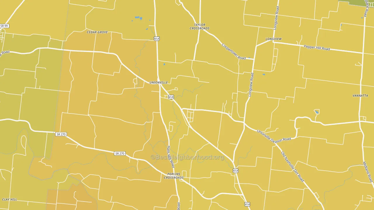 Map of the best neighborhoods in the Unionville area, with better matches in green and worse matches in red
