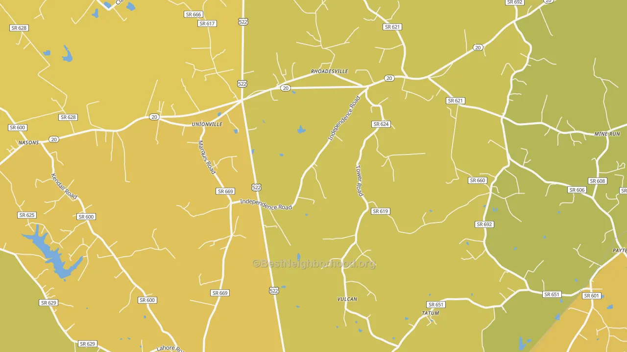Map of the best neighborhoods in the Unionville area, with better matches in green and worse matches in red
