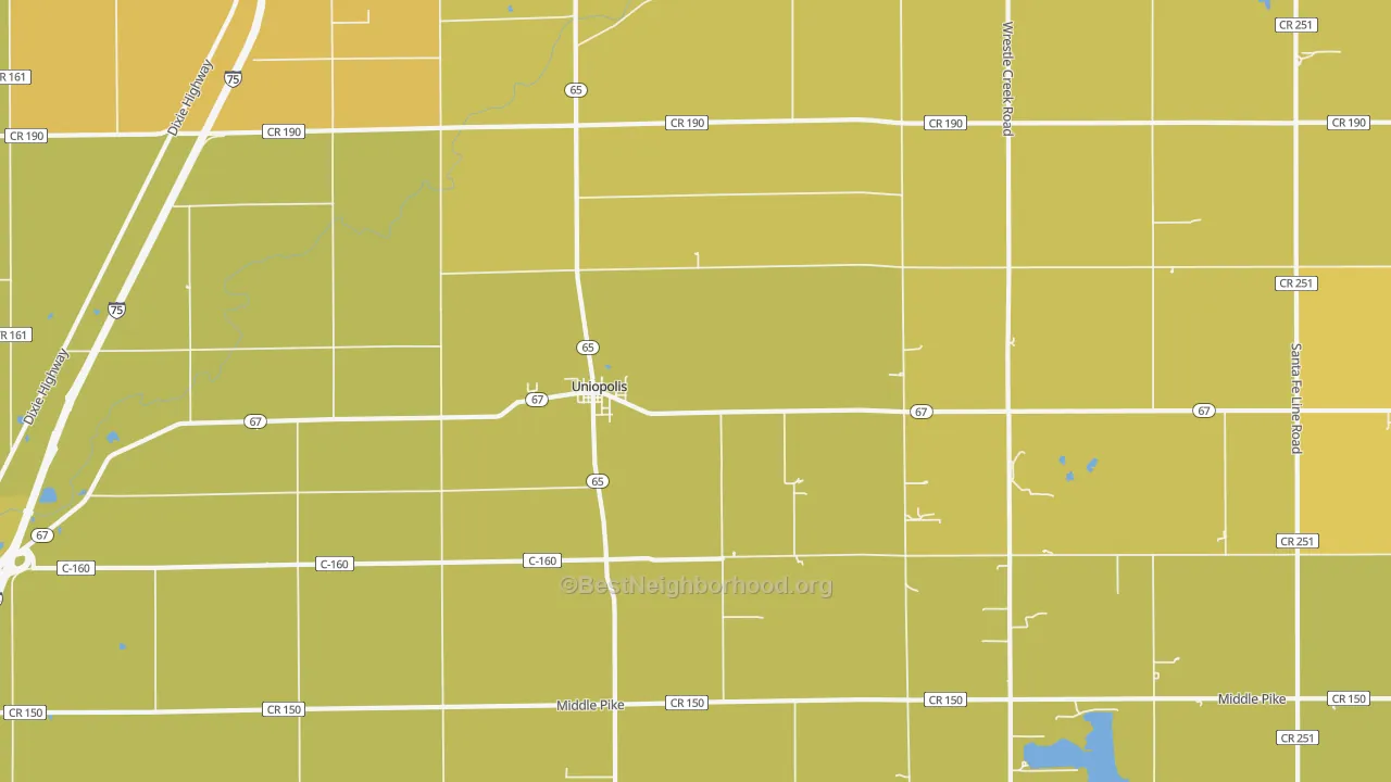 Map of the best neighborhoods in the Uniopolis area, with better matches in green and worse matches in red
