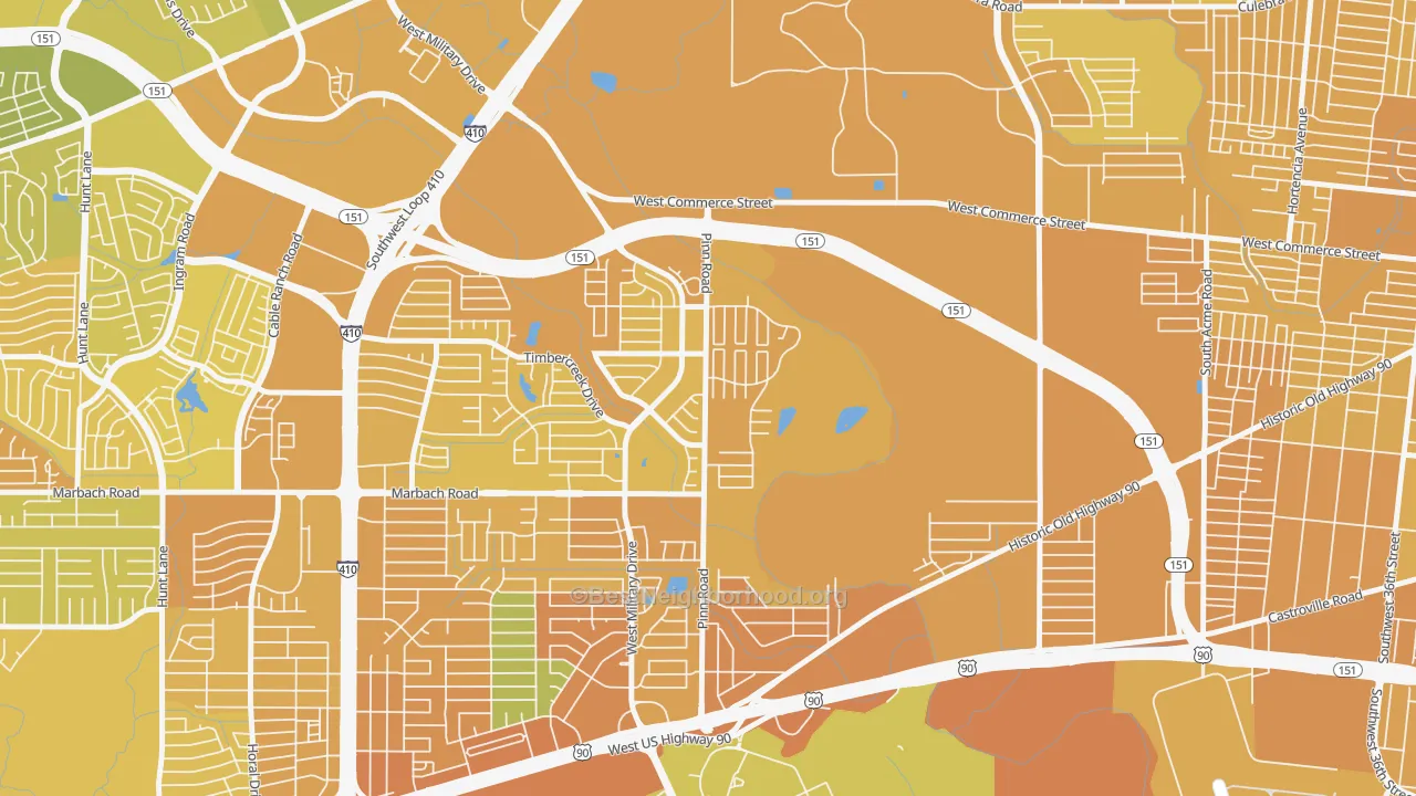 Map of the best neighborhoods in the United Westwood, San Antonio area, with better matches in green and worse matches in red