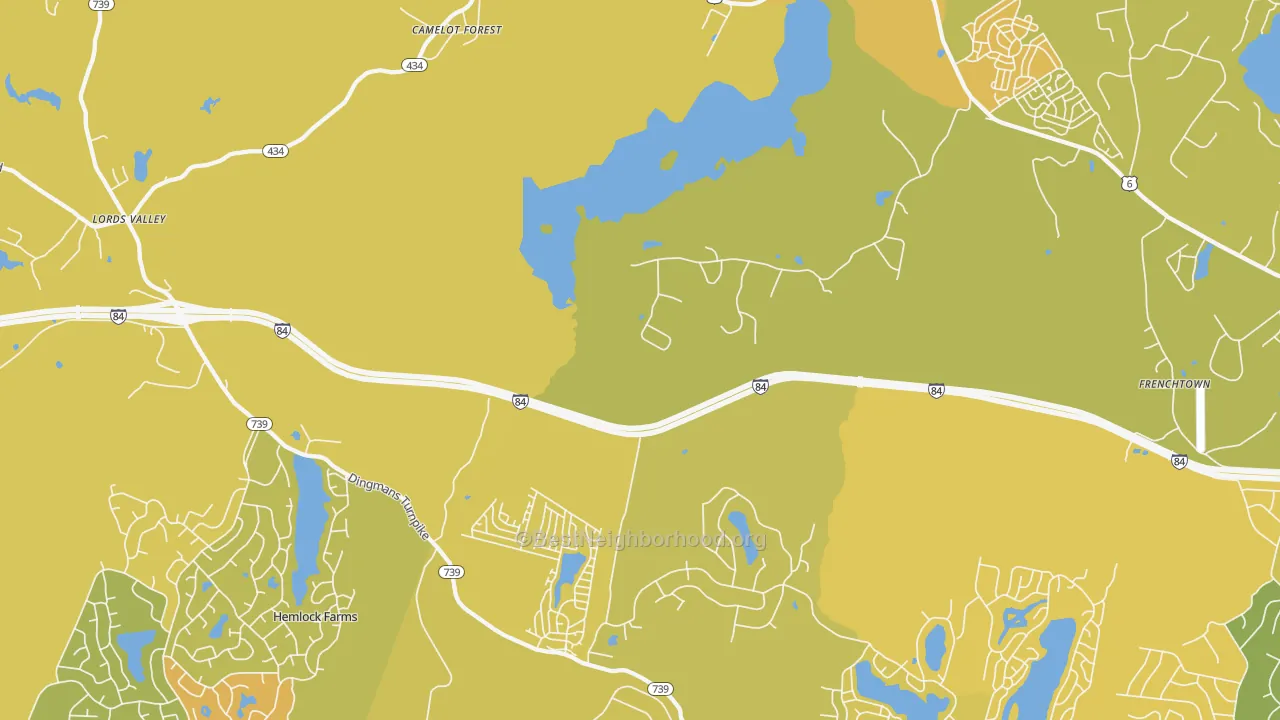 Map of the best neighborhoods in the Unity House area, with better matches in green and worse matches in red