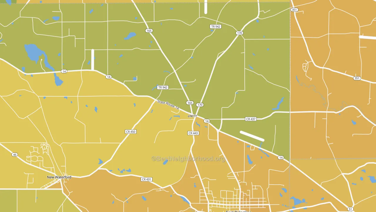 Map of the best neighborhoods in the Unity area, with better matches in green and worse matches in red