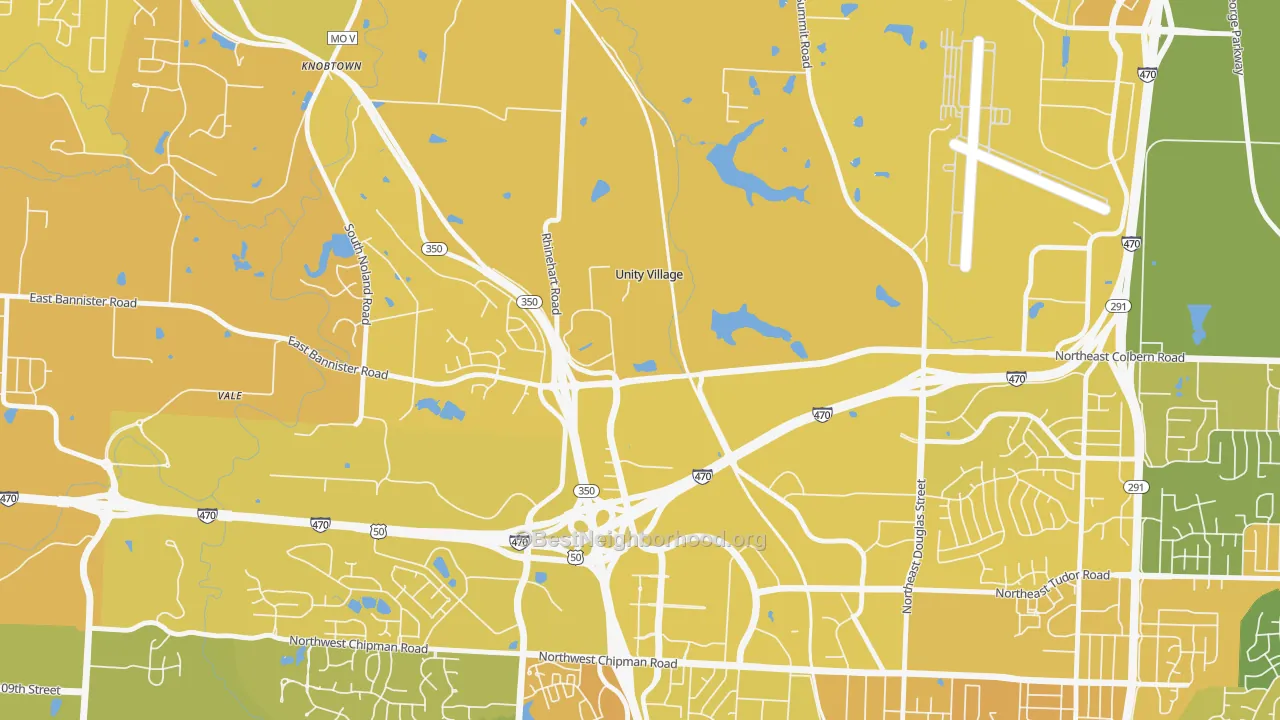 Map of the best neighborhoods in the Unity Village area, with better matches in green and worse matches in red