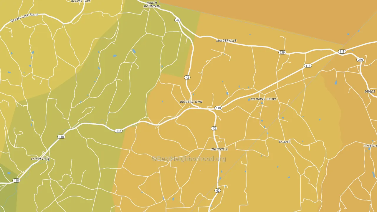Map of the best neighborhoods in the Unityville area, with better matches in green and worse matches in red