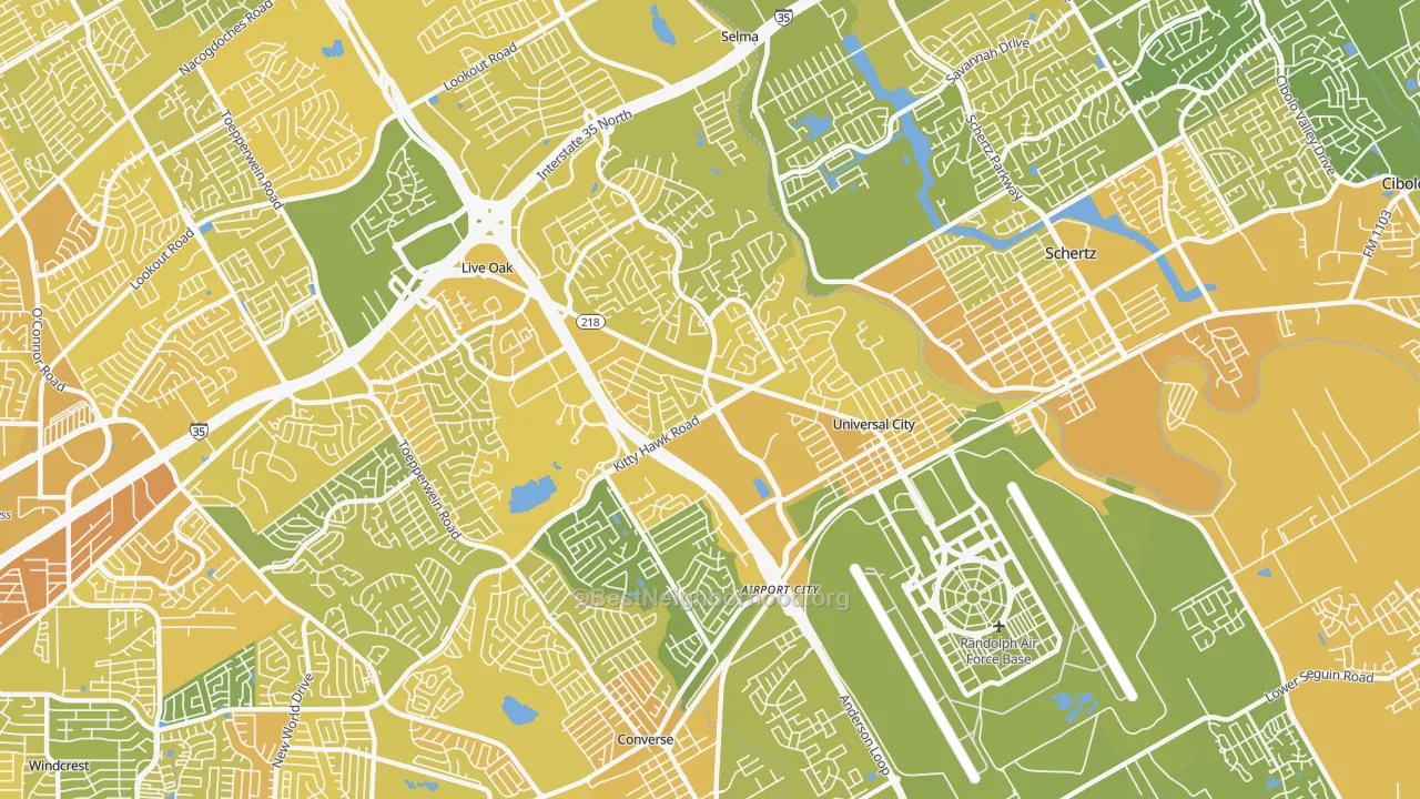 Map of the best neighborhoods in the Universal City area, with better matches in green and worse matches in red